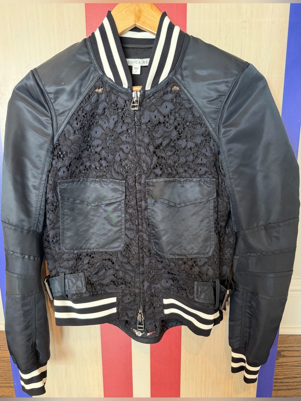 Veronica Beard Black Lace Satin Bomber Jacket Size 4